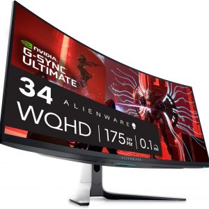 Alienware AW3423DW Curved Gaming Monitor 34.18 inch Quantom Dot-OLED 1800R Display, 3440×1440 Pixels at 175Hz, True 0.1ms Gray-to-Gray, 1M:1 Contrast Ratio, 1.07 Billions Colors – Lunar Light