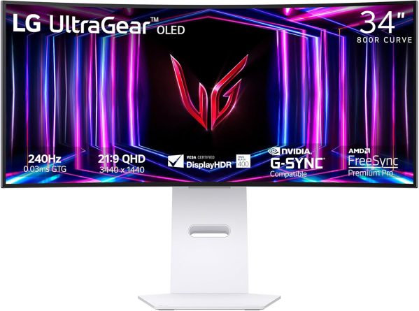 LG 34GS95QE 34-inch Ultragear OLED Curved Gaming Monitor WQHD 1440p 800R 240Hz 0.03ms AMD FreeSync Premium Pro NVIDIA G-Sync HDMI 2.1 DisplayPort Tilt/Height/Swivel Stand White