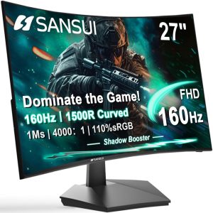 SANSUI 27 Inch Curved Gaming Monitor 160Hz FHD 1080P, 1500R Curved Computer Gaming Monitor 4000:1, 110% sRGB, FPS/RTS, 1Ms MPRT|FreeSync|HDR|Low Blue Light|HDMI DP| VESA Support, HDMI Cable Incl.