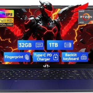 NIMO Gaming Laptop: 15.6″ FHD (1920×1080) IPS Display, 32GB DDR5 RAM, 1TB SSD, AMD Ryzen 5 6600H processor (8-core/16-thread), Radeon 660M GPU, with 100W Type-C Backlit Keyboard, Fingerprint, Windows 11 Home