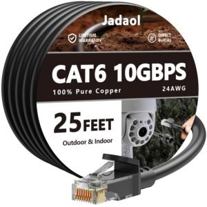 Cat 6 Outdoor Ethernet Cable 25 ft, Support Cat8/7 Network, 10Gbps 550MHz, 24AWG Pure Copper, Direct Burial Waterproof In-Ground UV Resistant LAN Internet Patch Cable for Router, Modem, Switch, Black