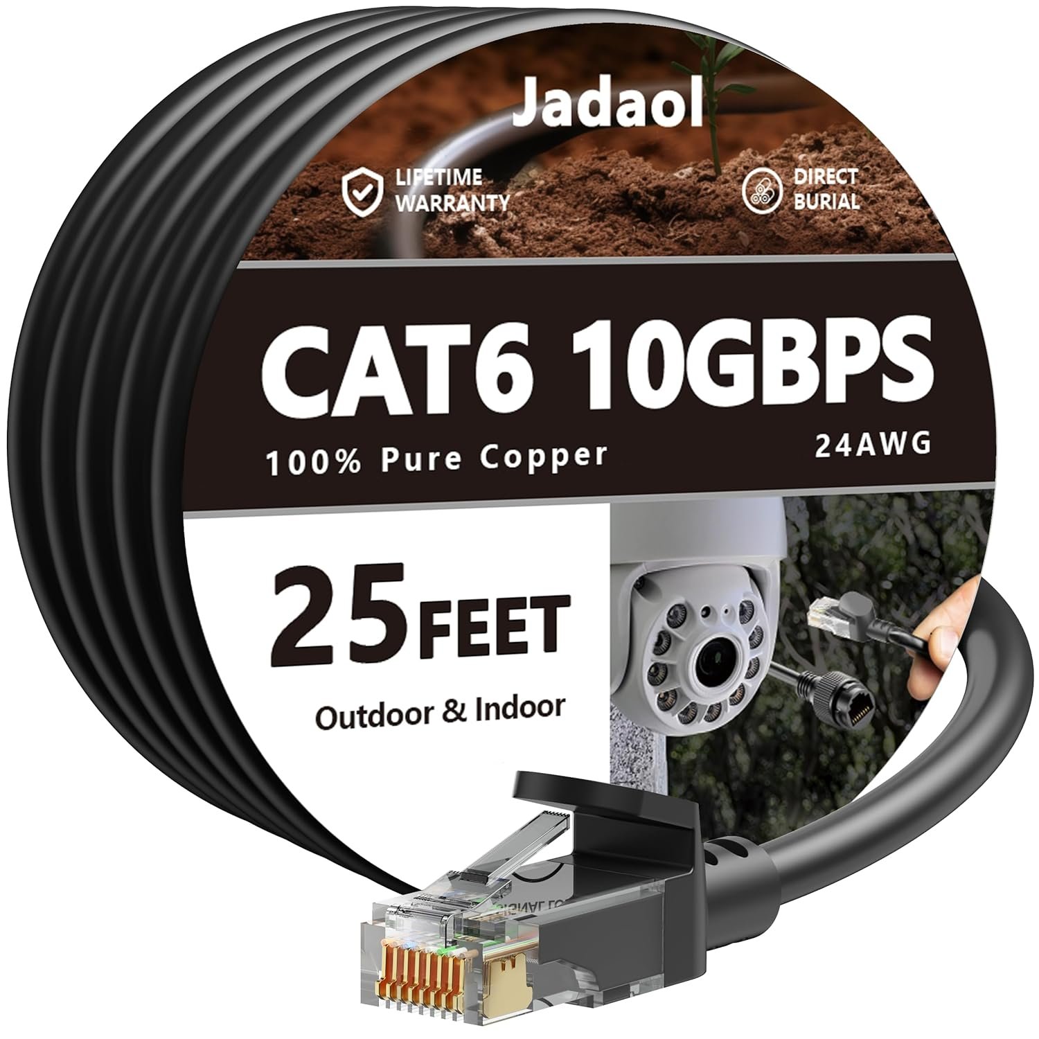 Cat 6 Outdoor Ethernet Cable 25 ft, Support Cat8/7 Network, 10Gbps 550MHz, 24AWG Pure Copper, Direct Burial Waterproof In-Ground UV Resistant LAN Internet Patch Cable for Router, Modem, Switch, Black
