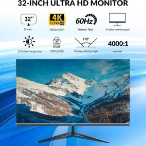 32 Inch 4K UHD Monitor (3840×2160), IPS,60Hz Refresh Rate, 100% sRGB, AMD FreeSync, 178° Viewing Angle, HDMI/DisplayPort, VESA 100x100mm Mount Compatible, Tilt Adjustable – Black