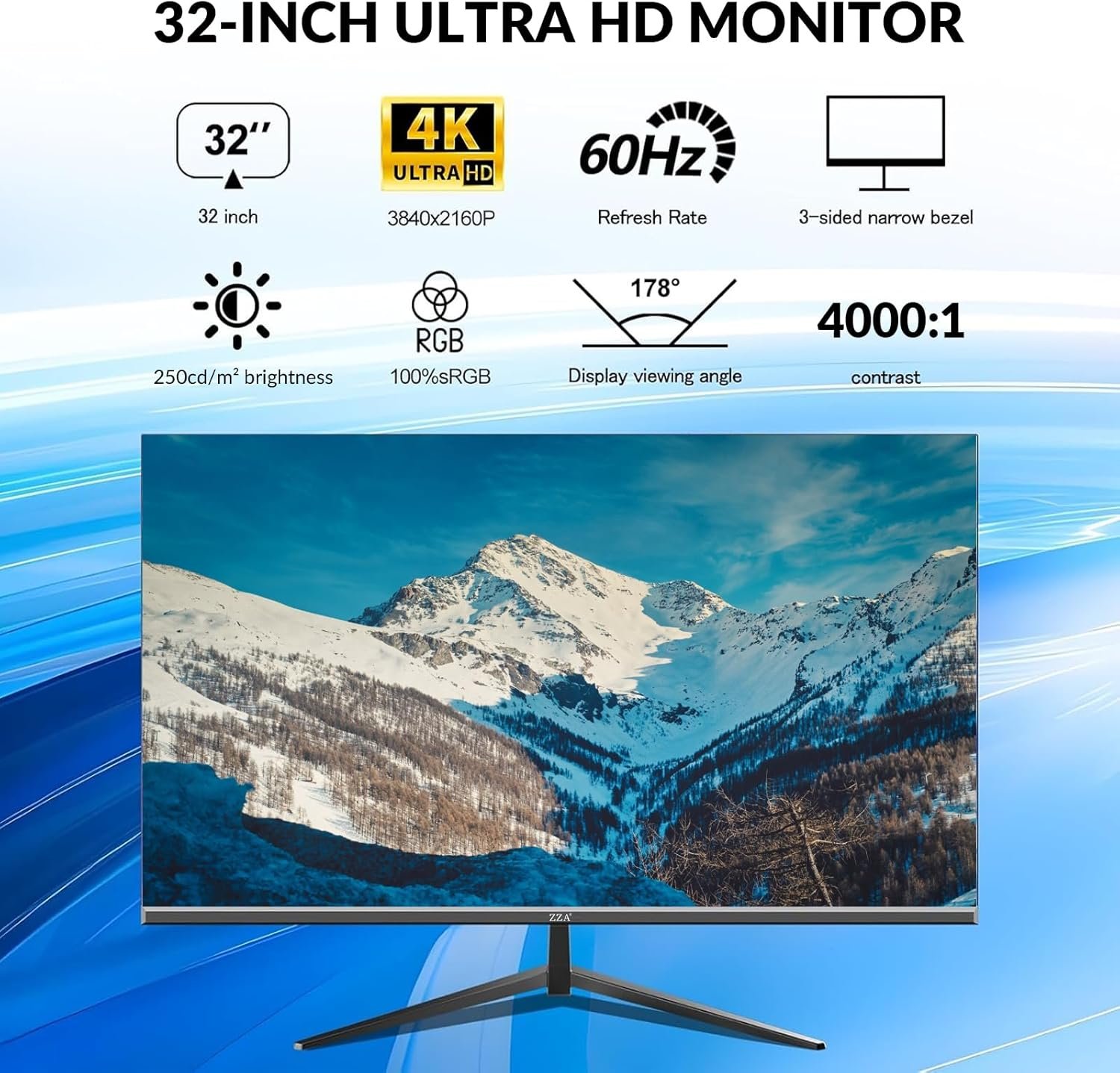 32 Inch 4K UHD Monitor (3840x2160), IPS,60Hz Refresh Rate, 100% sRGB, AMD FreeSync, 178° Viewing Angle, HDMI/DisplayPort, VESA 100x100mm Mount Compatible, Tilt Adjustable - Black - Image 2