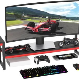 Monitor Stand for Desk,Wood and Steel Monitor Stand Riser with Side Storage shelf,Height Adjustable Computer Monitor Stand for Computer/Laptop/PC/Printer, Black+Red