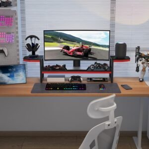 Monitor Stand for Desk,Wood and Steel Monitor Stand Riser with Side Storage shelf,Height Adjustable Computer Monitor Stand for Computer/Laptop/PC/Printer, Black+Red