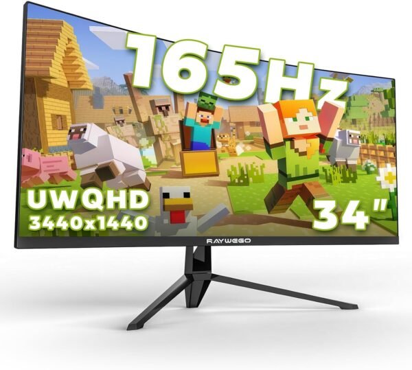 34-Inch Curved Gaming Monitor UWQHD 3440 x 1440 Up to 165Hz Curved 1500R – PIP/PBP, 1ms(MPRT), HDR, 300nits, sRGB 99%, DCI-P3 95%,FreeSync,HDMIx2,DP1.4 x2 (DP Cable Included)