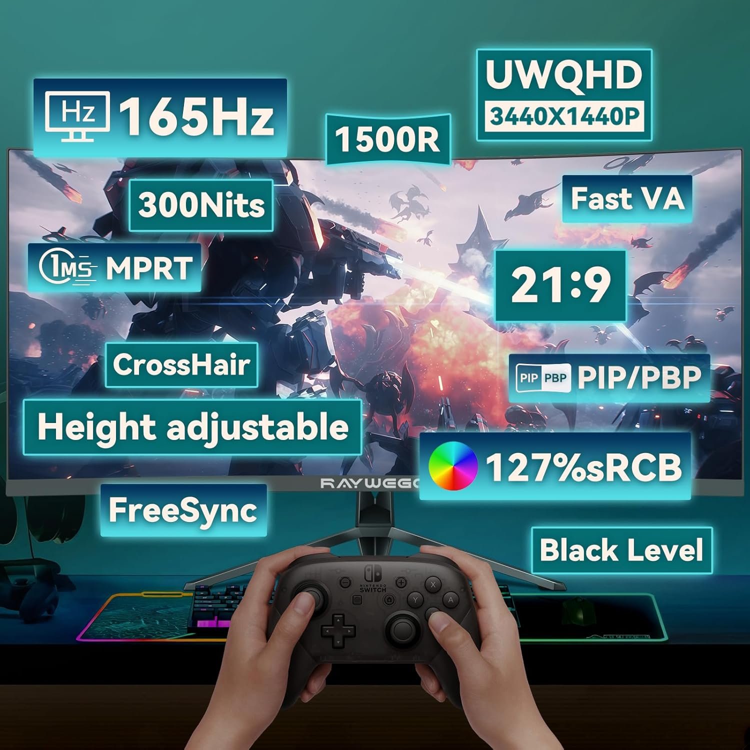 34-Inch Curved Gaming Monitor UWQHD 3440 x 1440 Up to 165Hz Curved 1500R - PIP/PBP, 1ms(MPRT), HDR, 300nits, sRGB 99%, DCI-P3 95%,FreeSync,HDMIx2,DP1.4 x2 (DP Cable Included) - Image 3